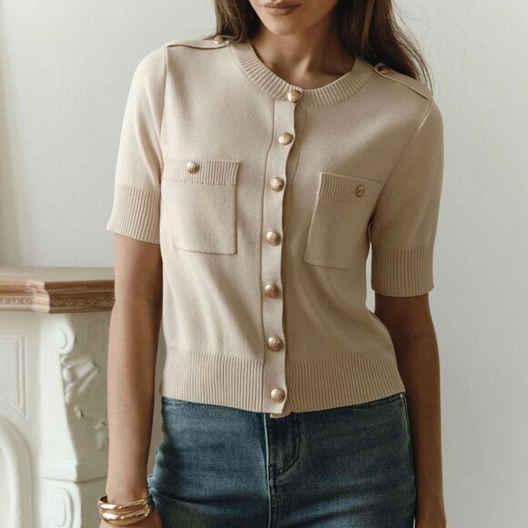 Sweaters - Button-Down Short Sleeve Cardigan